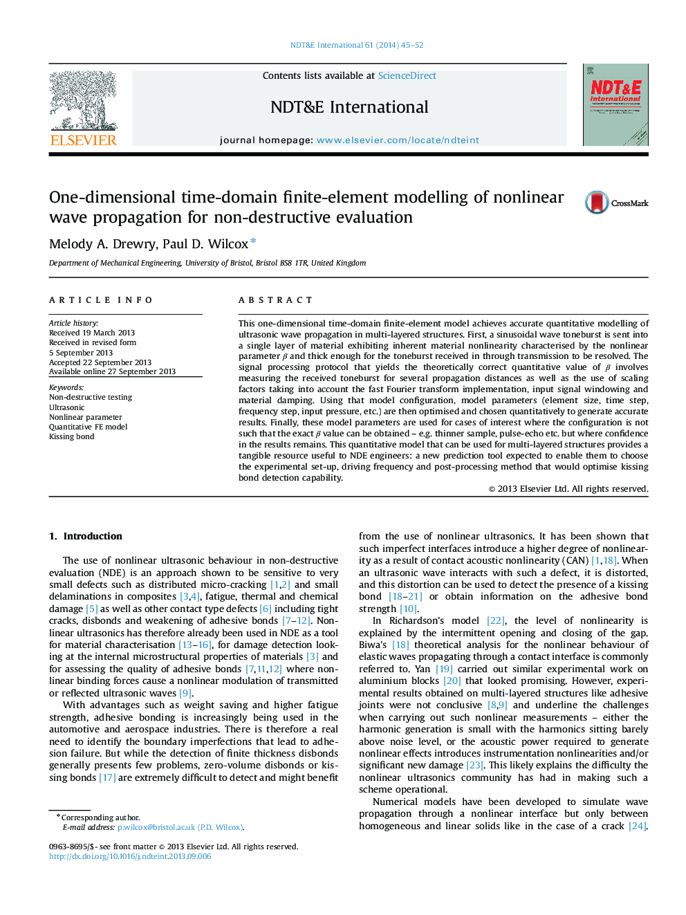 One-dimensional time-domain finite-element modelling of nonlinear wave propagation for non-destructive evaluation