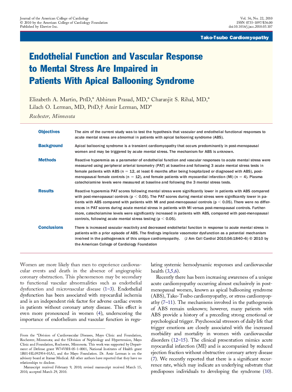 Endothelial Function and Vascular Response to Mental Stress Are Impaired in Patients With Apical Ballooning Syndrome 