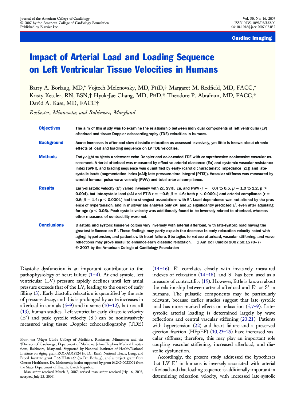 Impact of Arterial Load and Loading Sequence on Left Ventricular Tissue Velocities in Humans 