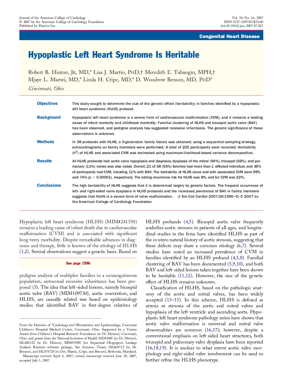 Hypoplastic Left Heart Syndrome Is Heritable 