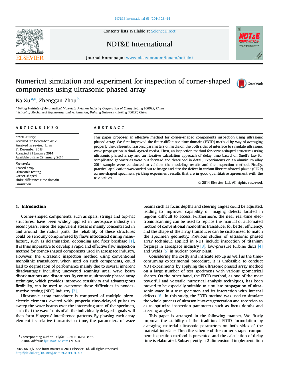 Numerical simulation and experiment for inspection of corner-shaped components using ultrasonic phased array