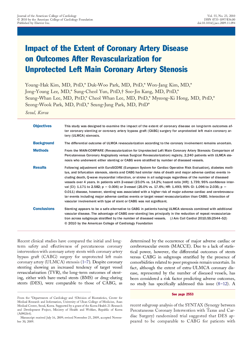 Impact of the Extent of Coronary Artery Disease on Outcomes After Revascularization for Unprotected Left Main Coronary Artery Stenosis 