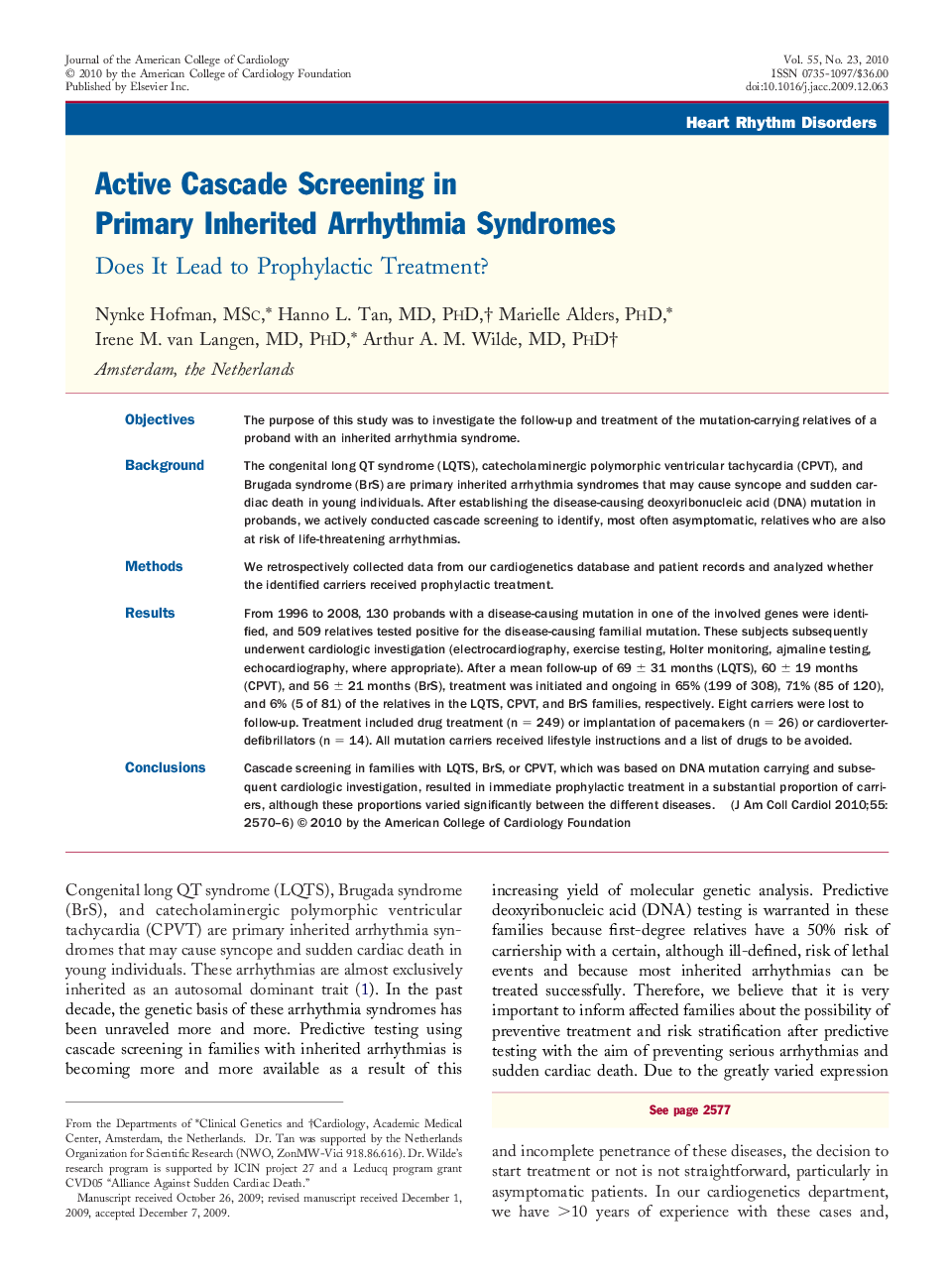 Active Cascade Screening in Primary Inherited Arrhythmia Syndromes : Does It Lead to Prophylactic Treatment?