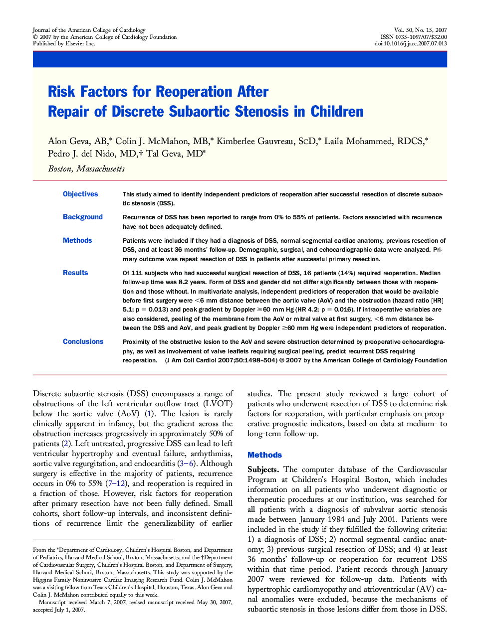 Risk Factors for Reoperation After Repair of Discrete Subaortic Stenosis in Children 
