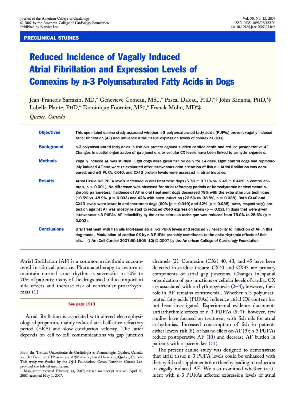 Reduced Incidence of Vagally Induced Atrial Fibrillation and Expression Levels of Connexins by n-3 Polyunsaturated Fatty Acids in Dogs 