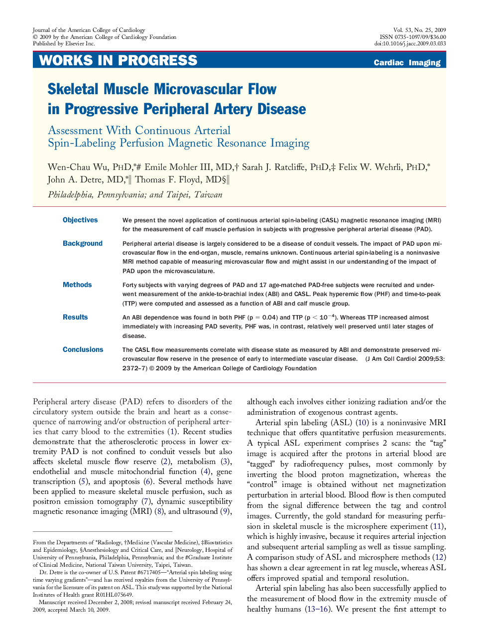 Skeletal Muscle Microvascular Flow in Progressive Peripheral Artery Disease : Assessment With Continuous Arterial Spin-Labeling Perfusion Magnetic Resonance Imaging