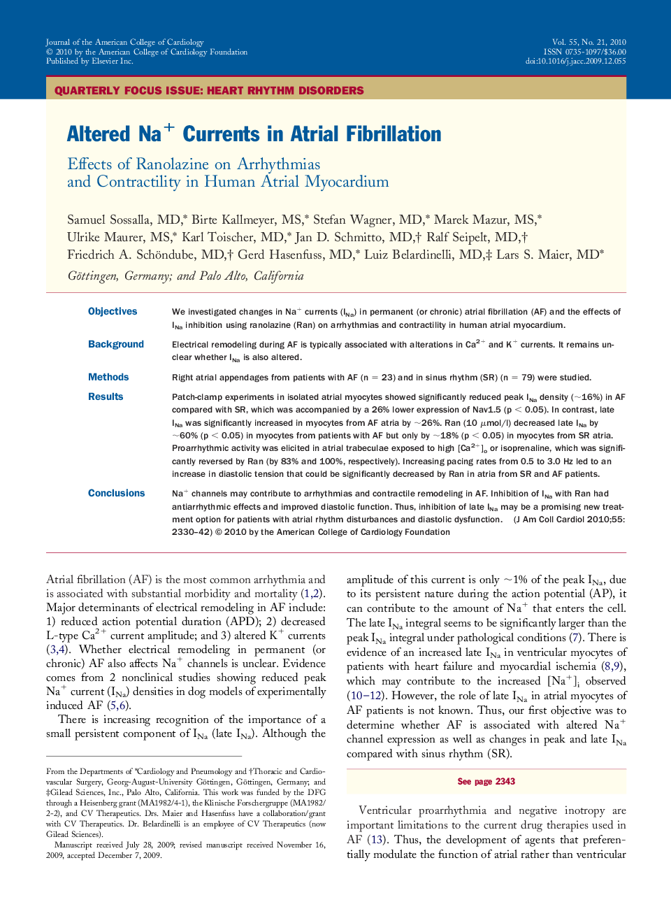 Altered Na+Currents in Atrial Fibrillation : Effects of Ranolazine on Arrhythmias and Contractility in Human Atrial Myocardium