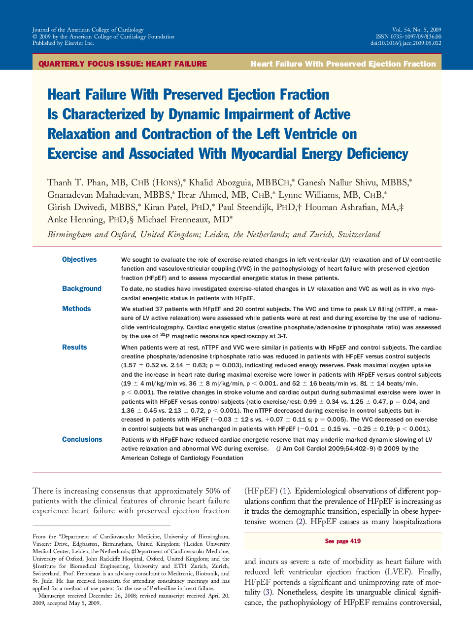 Heart Failure With Preserved Ejection Fraction Is Characterized by Dynamic Impairment of Active Relaxation and Contraction of the Left Ventricle on Exercise and Associated With Myocardial Energy Deficiency 