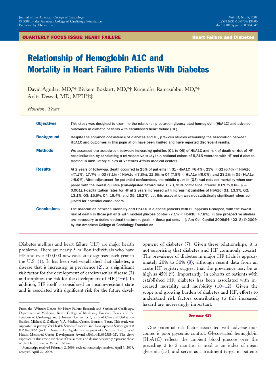 Relationship of Hemoglobin A1C and Mortality in Heart Failure Patients With Diabetes 