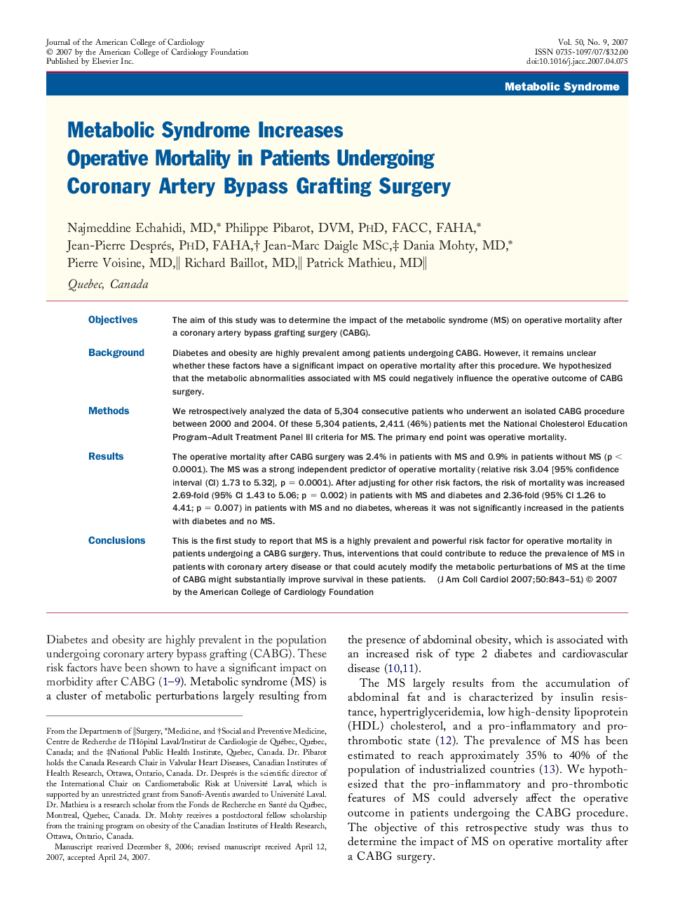 Metabolic Syndrome Increases Operative Mortality in Patients Undergoing Coronary Artery Bypass Grafting Surgery