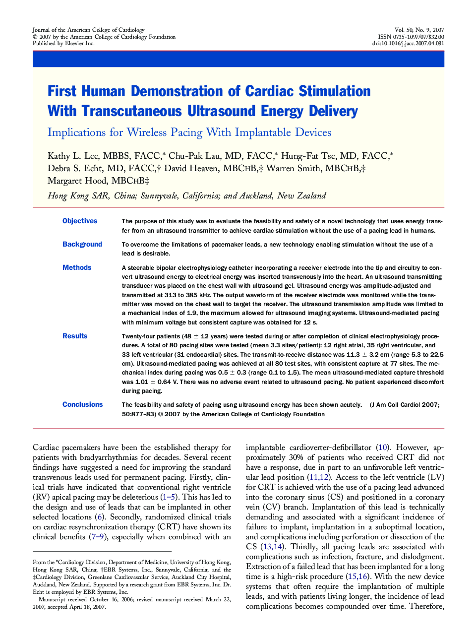 First Human Demonstration of Cardiac Stimulation With Transcutaneous Ultrasound Energy Delivery : Implications for Wireless Pacing With Implantable Devices