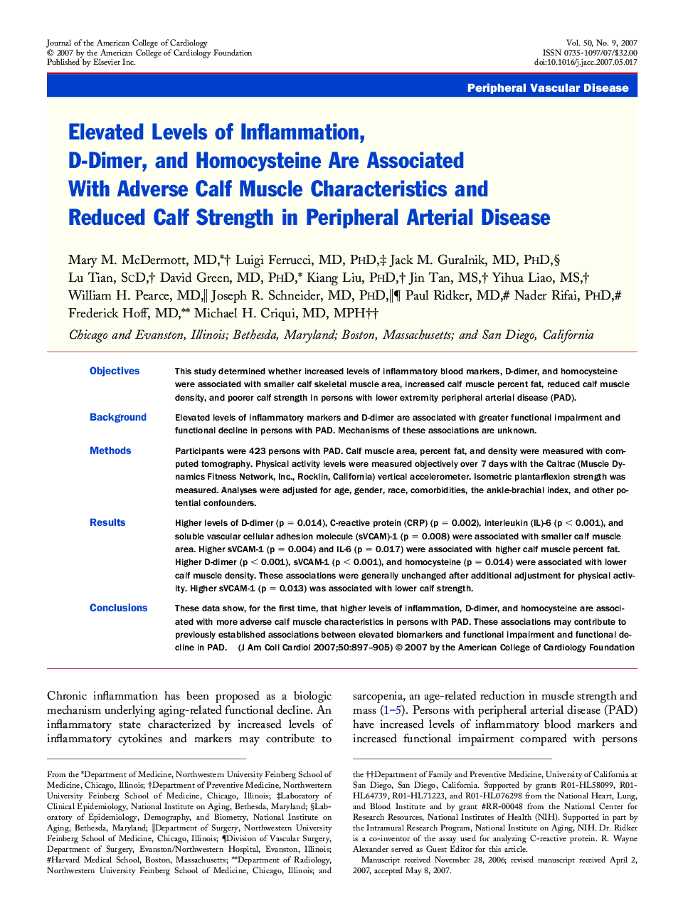 Elevated Levels of Inflammation, D-Dimer, and Homocysteine Are Associated With Adverse Calf Muscle Characteristics and Reduced Calf Strength in Peripheral Arterial Disease 