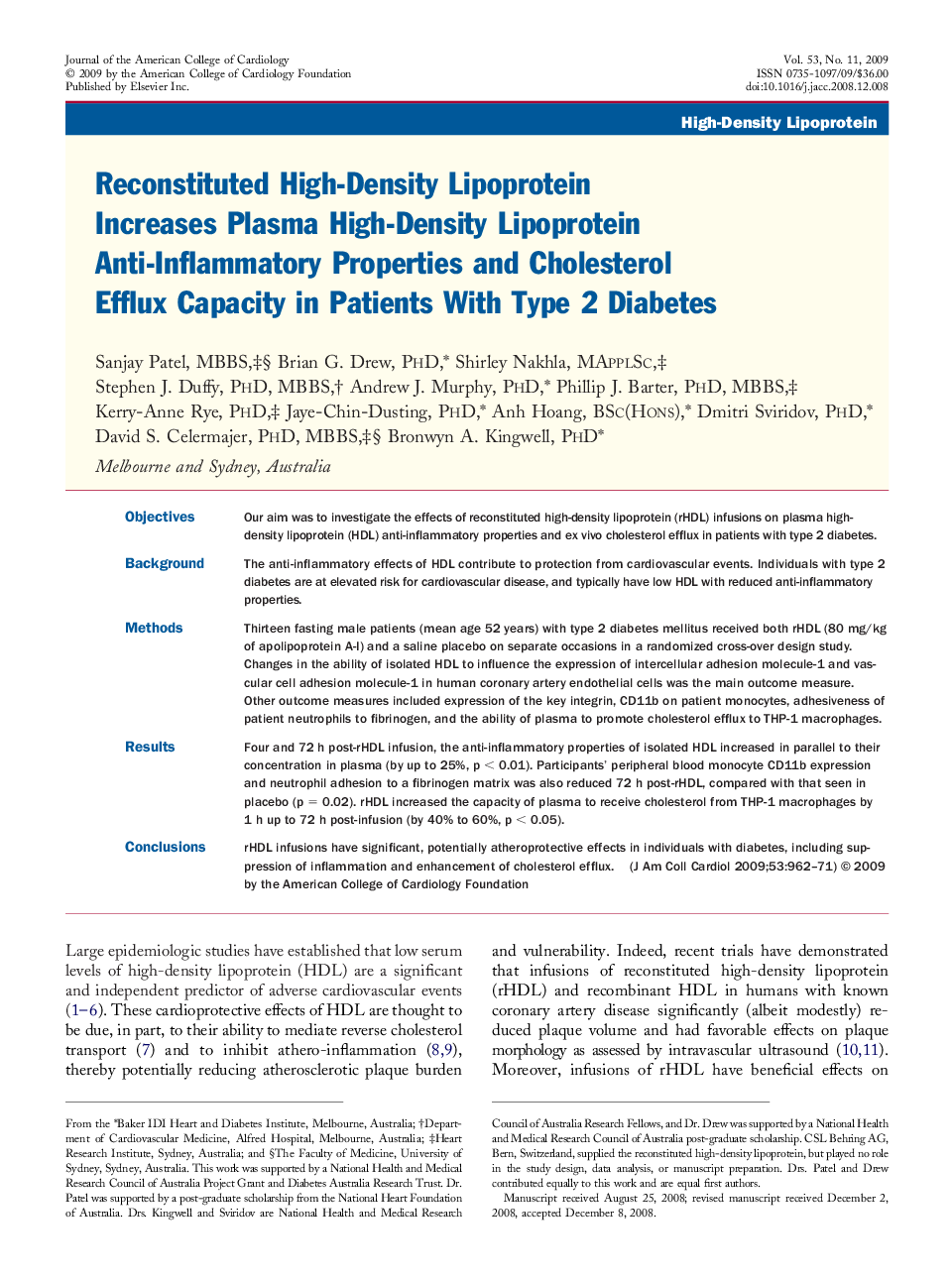 Reconstituted High-Density Lipoprotein Increases Plasma High-Density Lipoprotein Anti-Inflammatory Properties and Cholesterol Efflux Capacity in Patients With Type 2 Diabetes 