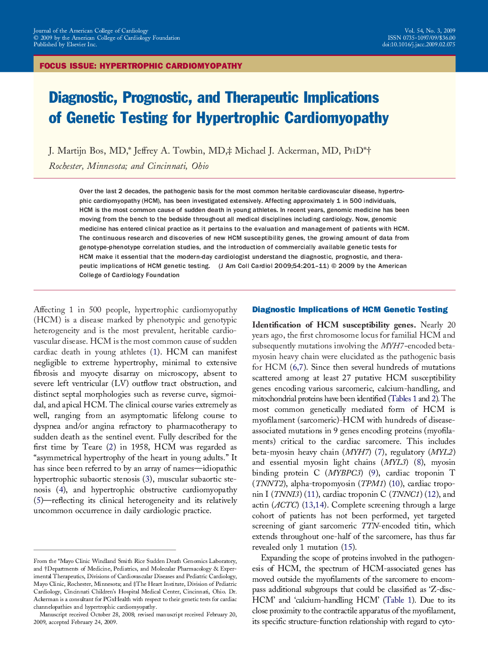 Diagnostic, Prognostic, and Therapeutic Implications of Genetic Testing for Hypertrophic Cardiomyopathy 