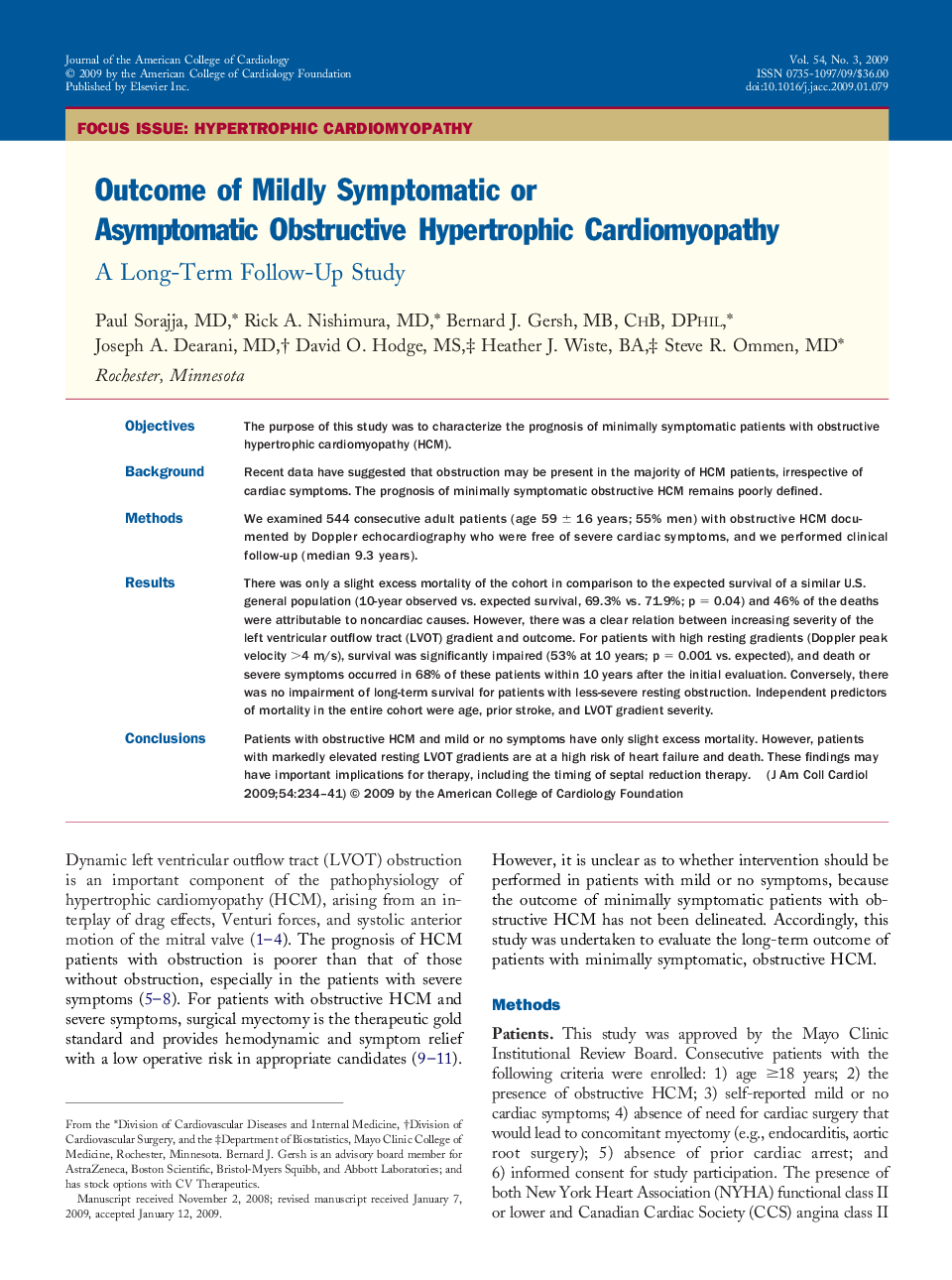 Outcome of Mildly Symptomatic or Asymptomatic Obstructive Hypertrophic Cardiomyopathy : A Long-Term Follow-Up Study