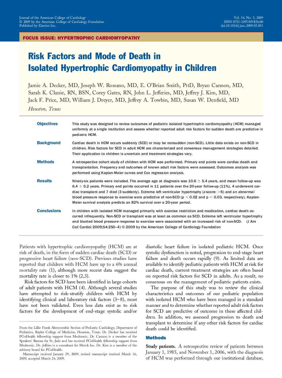 Risk Factors and Mode of Death in Isolated Hypertrophic Cardiomyopathy in Children 