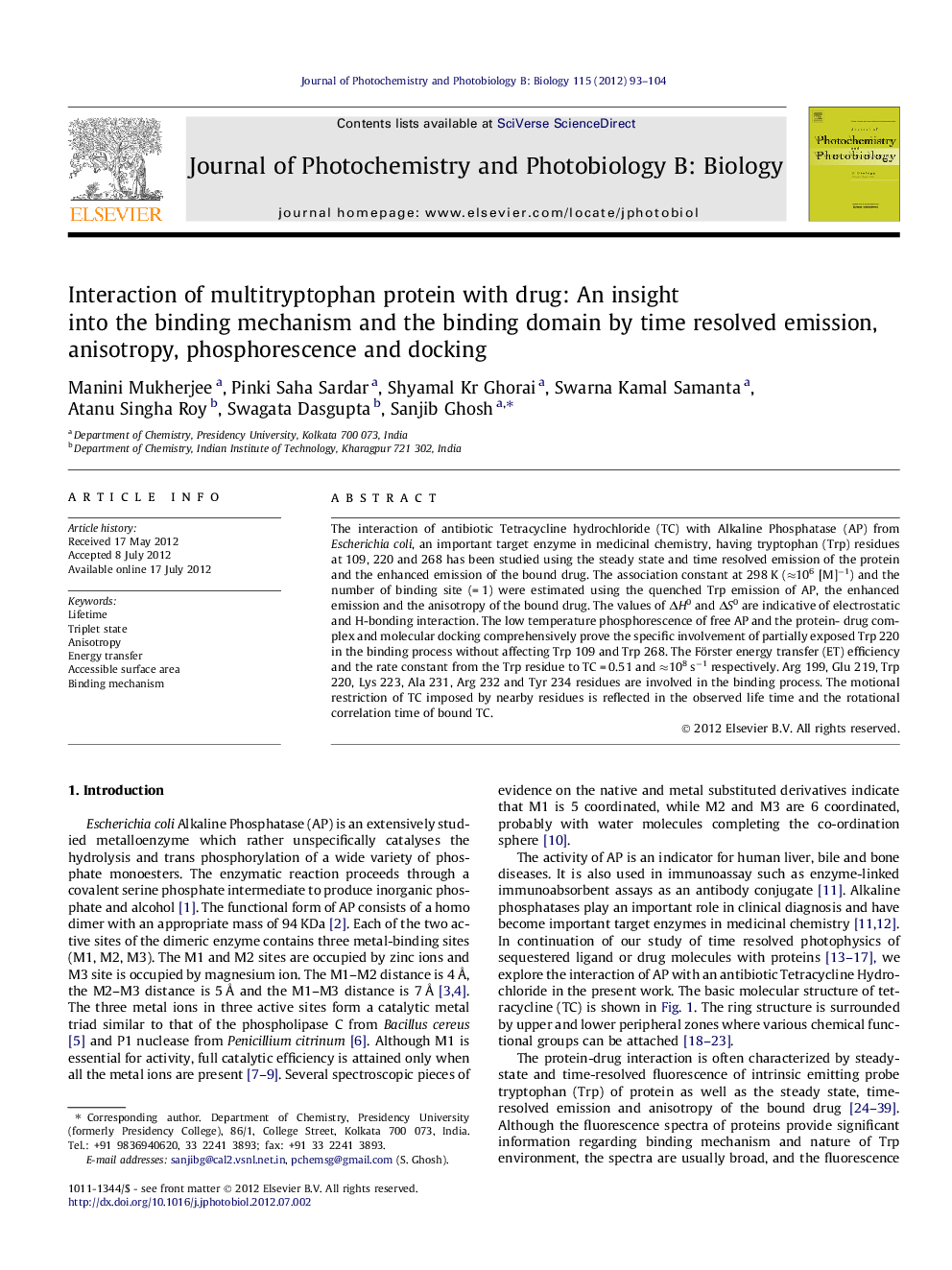 Interaction of multitryptophan protein with drug: An insight into the binding mechanism and the binding domain by time resolved emission, anisotropy, phosphorescence and docking