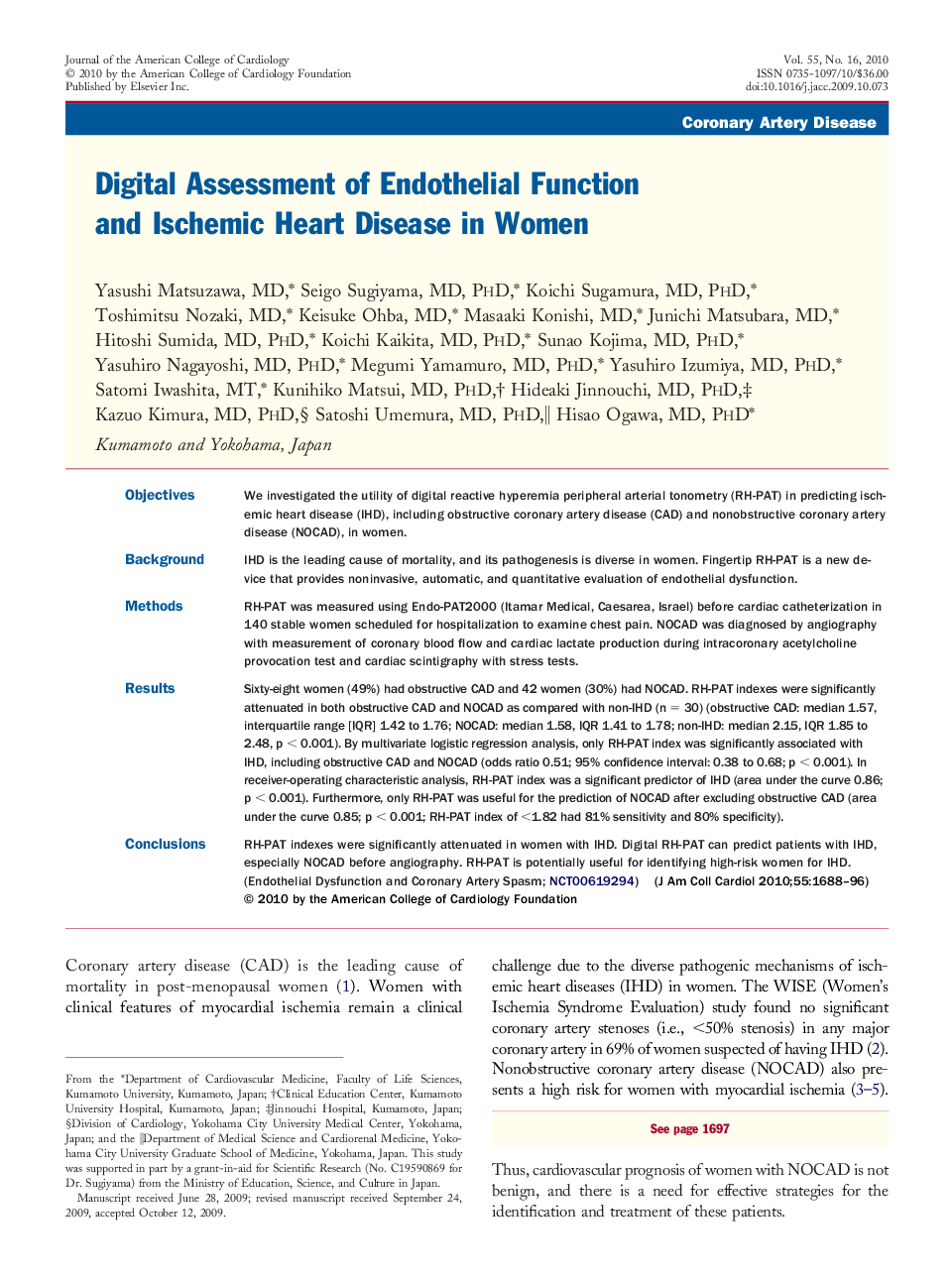 Digital Assessment of Endothelial Function and Ischemic Heart Disease in Women 