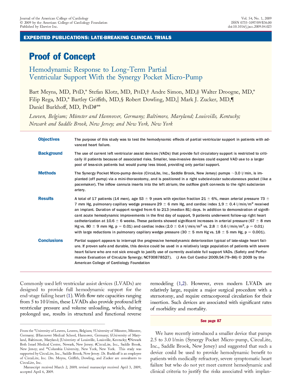 Proof of Concept : Hemodynamic Response to Long-Term Partial Ventricular Support With the Synergy Pocket Micro-Pump