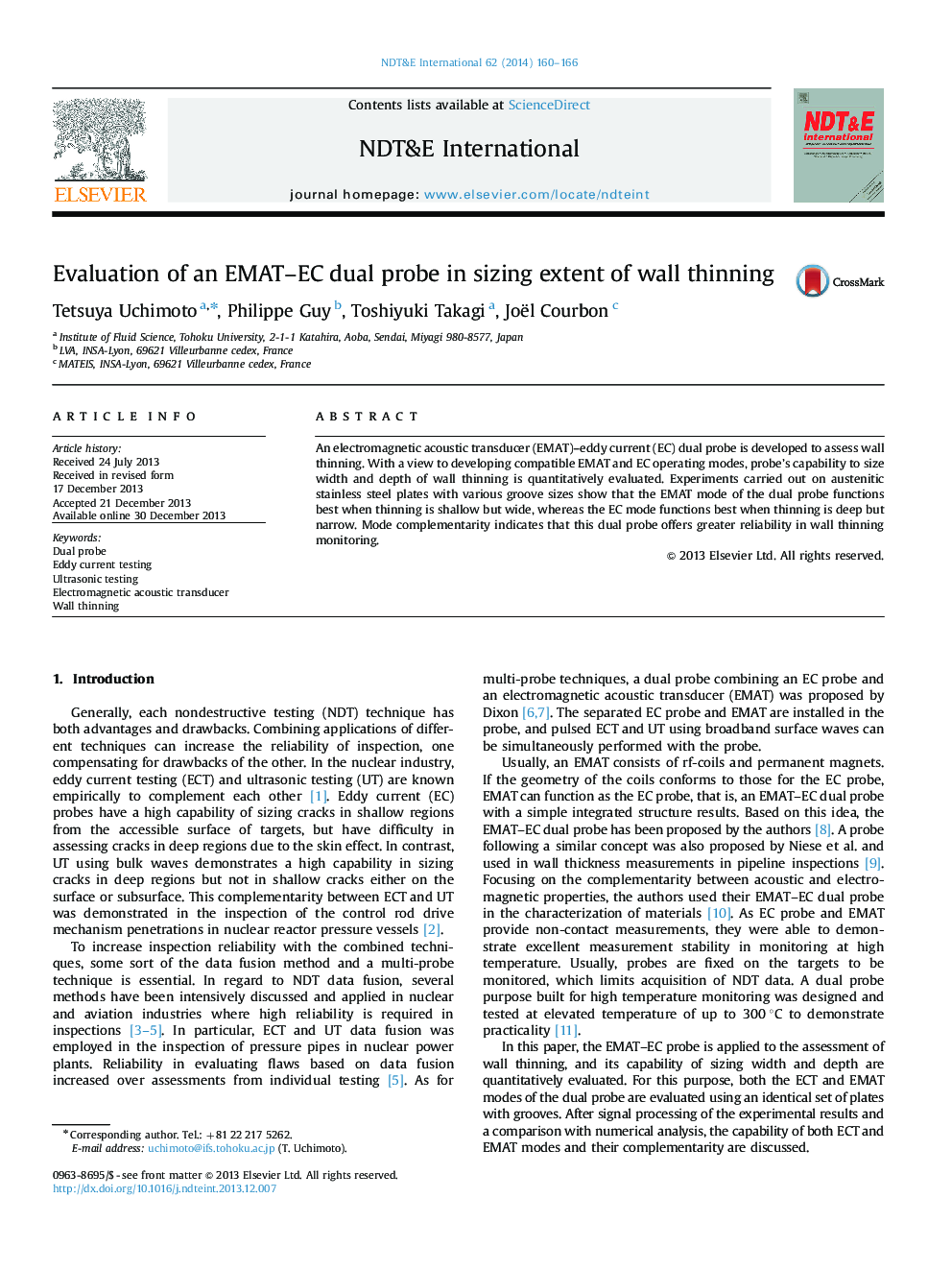 Evaluation of an EMAT–EC dual probe in sizing extent of wall thinning