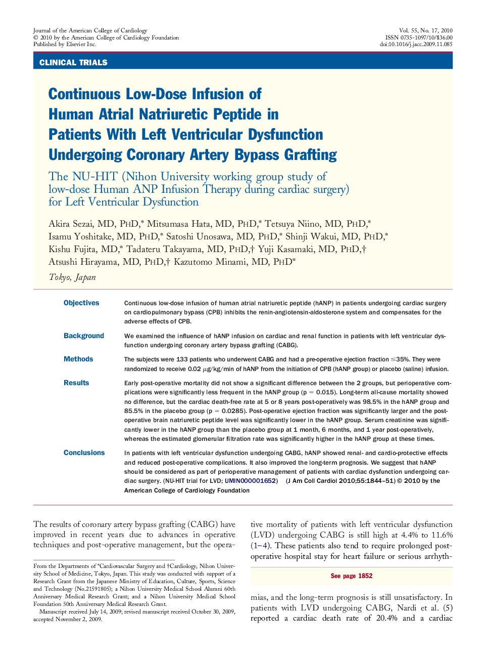 Continuous Low-Dose Infusion of Human Atrial Natriuretic Peptide in Patients With Left Ventricular Dysfunction Undergoing Coronary Artery Bypass Grafting : The NU-HIT (Nihon University working group study of low-dose Human ANP Infusion Therapy during card