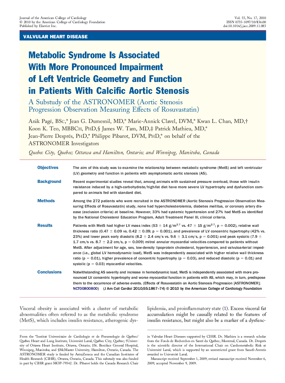 Metabolic Syndrome Is Associated With More Pronounced Impairment of Left Ventricle Geometry and Function in Patients With Calcific Aortic Stenosis : A Substudy of the ASTRONOMER (Aortic Stenosis Progression Observation Measuring Effects of Rosuvastatin)