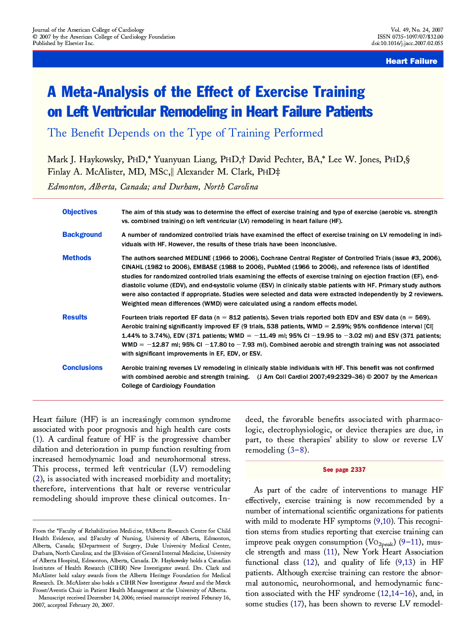 A Meta-Analysis of the Effect of Exercise Training on Left Ventricular Remodeling in Heart Failure Patients: The Benefit Depends on the Type of Training Performed