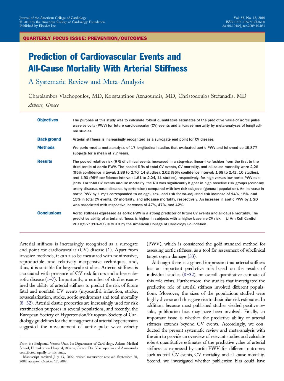 Prediction of Cardiovascular Events and All-Cause Mortality With Arterial Stiffness : A Systematic Review and Meta-Analysis