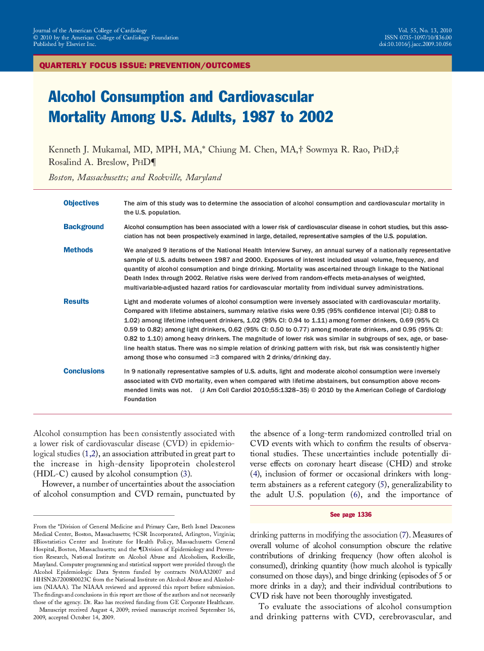 Alcohol Consumption and Cardiovascular Mortality Among U.S. Adults, 1987 to 2002 