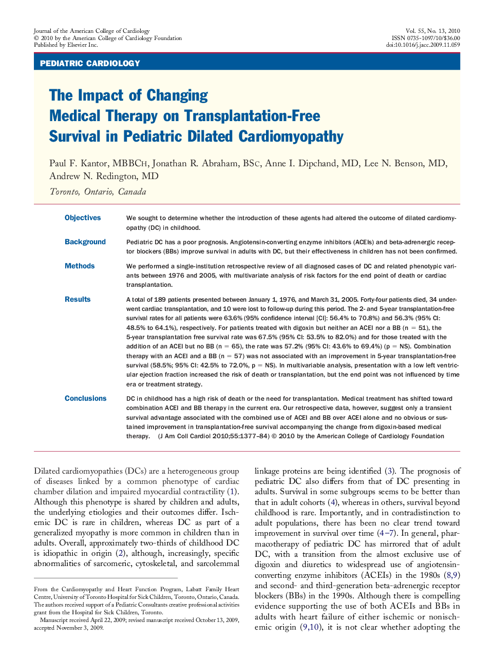 The Impact of Changing Medical Therapy on Transplantation-Free Survival in Pediatric Dilated Cardiomyopathy 