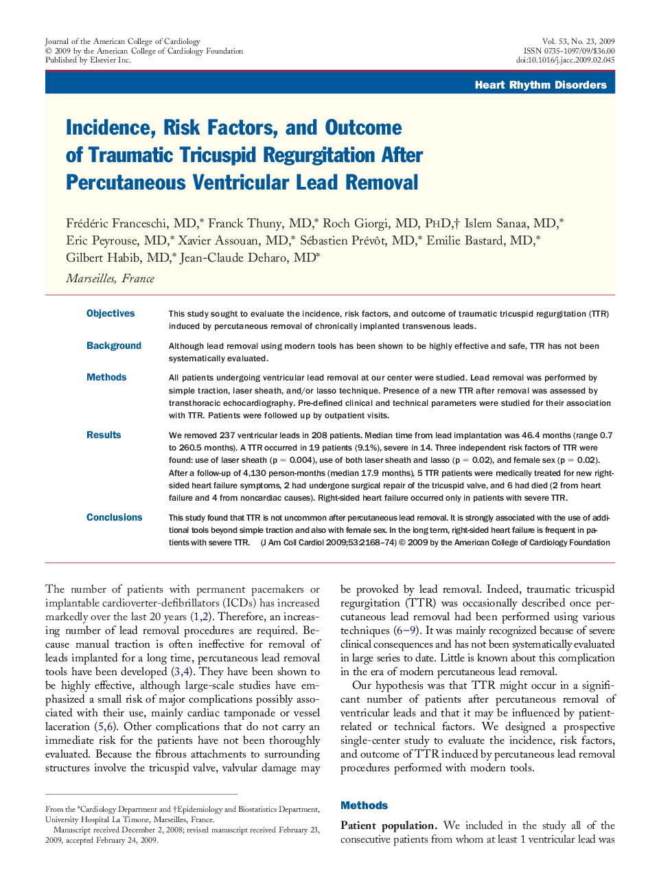 Incidence, Risk Factors, and Outcome of Traumatic Tricuspid Regurgitation After Percutaneous Ventricular Lead Removal