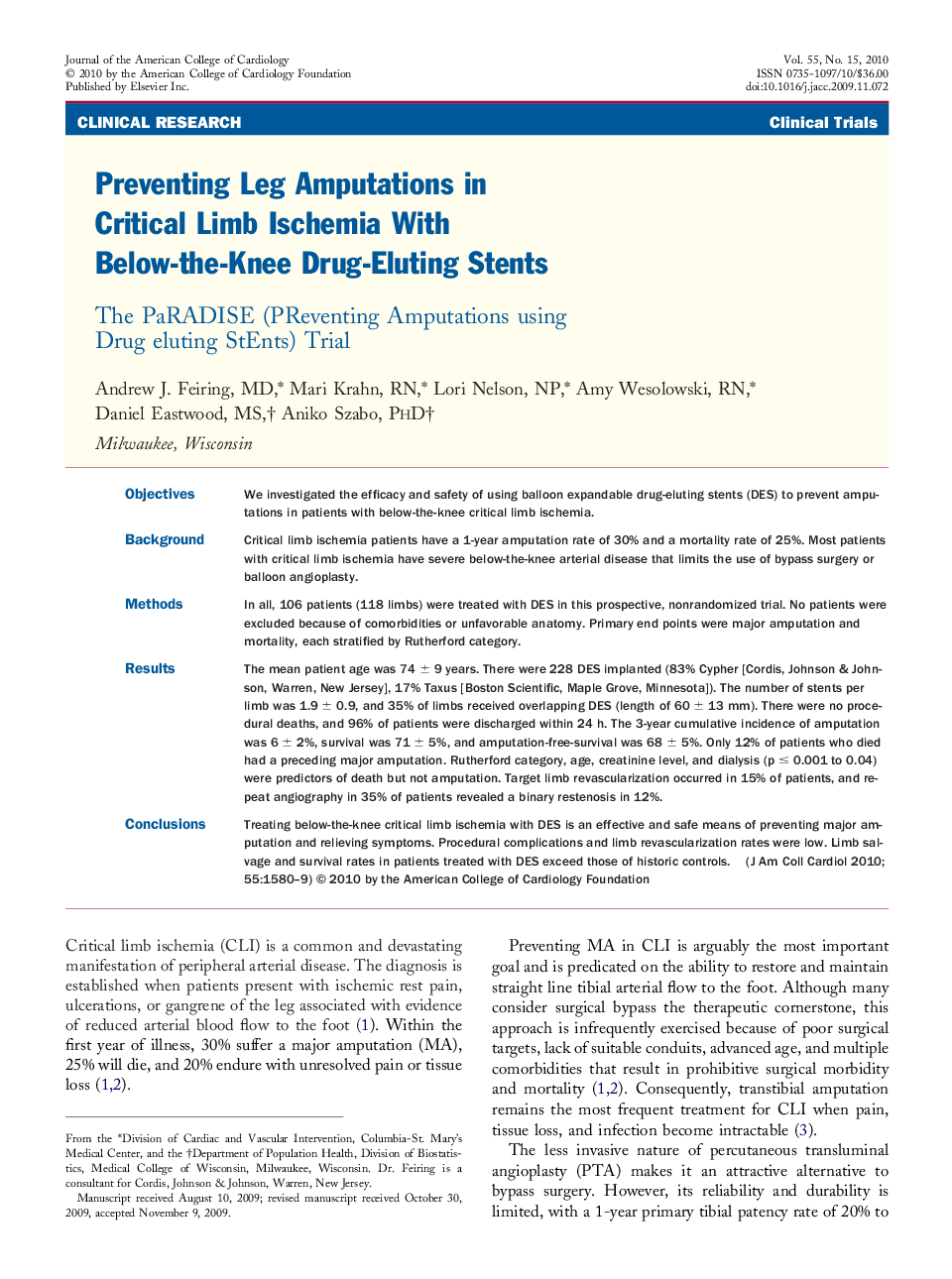 Preventing Leg Amputations in Critical Limb Ischemia With Below-the-Knee Drug-Eluting Stents : The PaRADISE (PReventing Amputations using Drug eluting StEnts) Trial