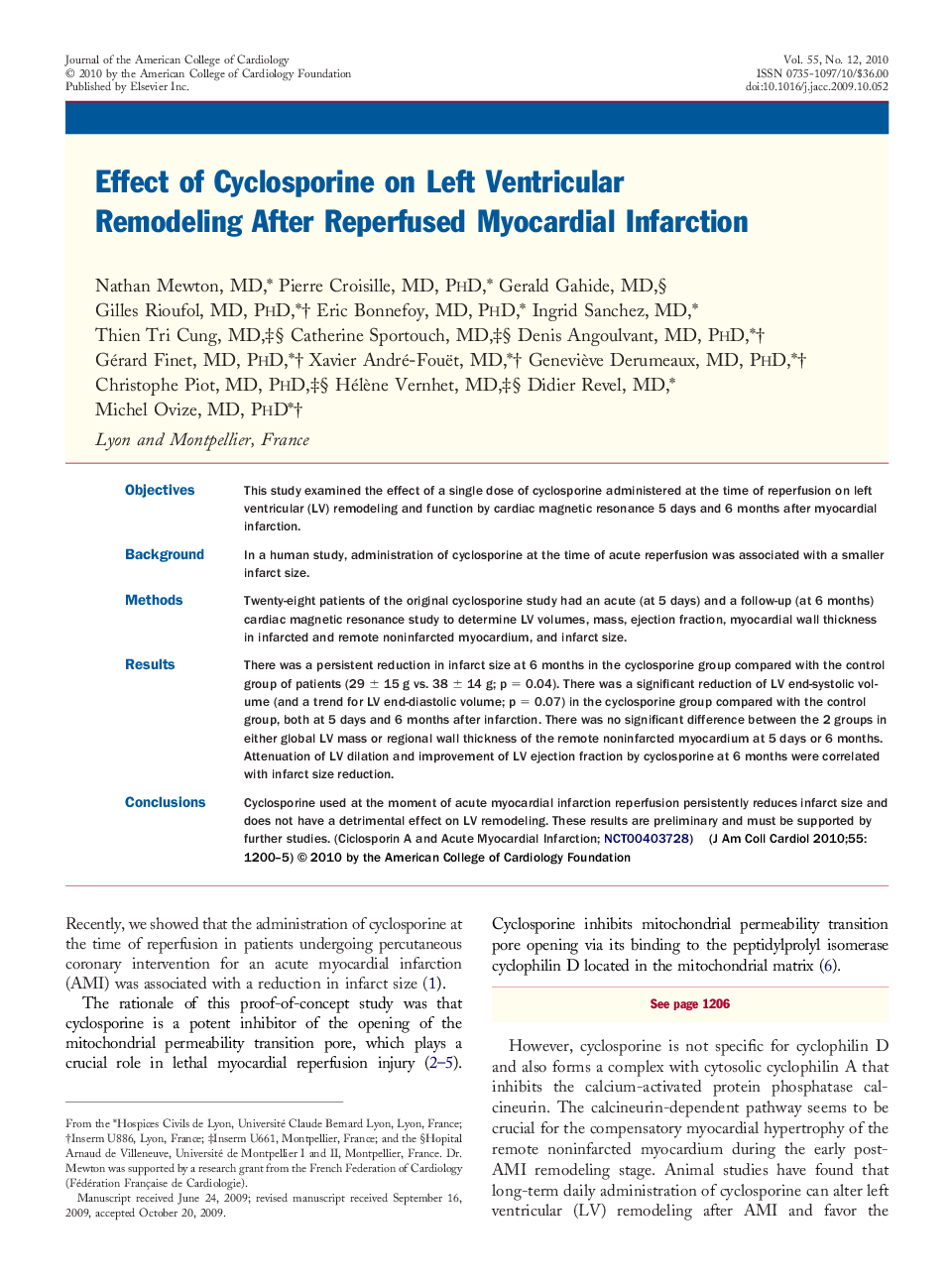 Effect of Cyclosporine on Left Ventricular Remodeling After Reperfused Myocardial Infarction 