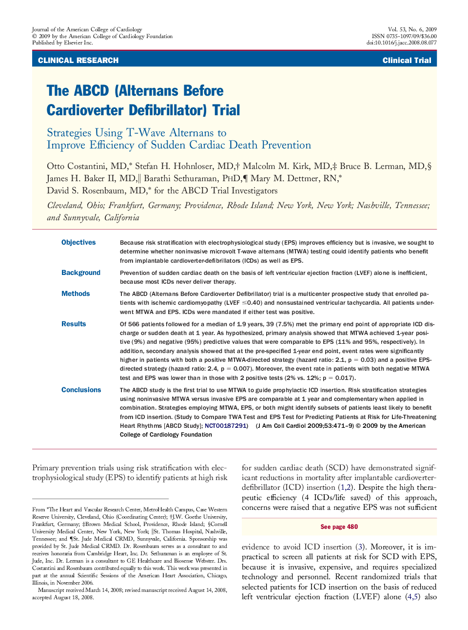 The ABCD (Alternans Before Cardioverter Defibrillator) Trial : Strategies Using T-Wave Alternans to Improve Efficiency of Sudden Cardiac Death Prevention