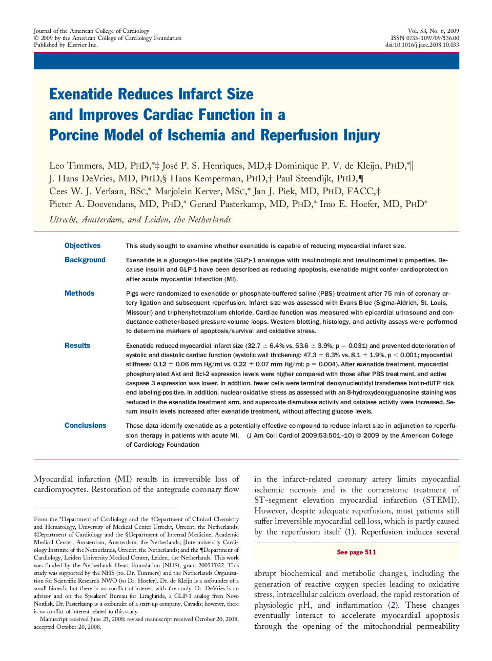 Exenatide Reduces Infarct Size and Improves Cardiac Function in a Porcine Model of Ischemia and Reperfusion Injury 