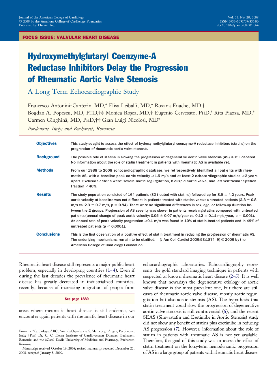 Hydroxymethylglutaryl Coenzyme-A Reductase Inhibitors Delay the Progression of Rheumatic Aortic Valve Stenosis: A Long-Term Echocardiographic Study