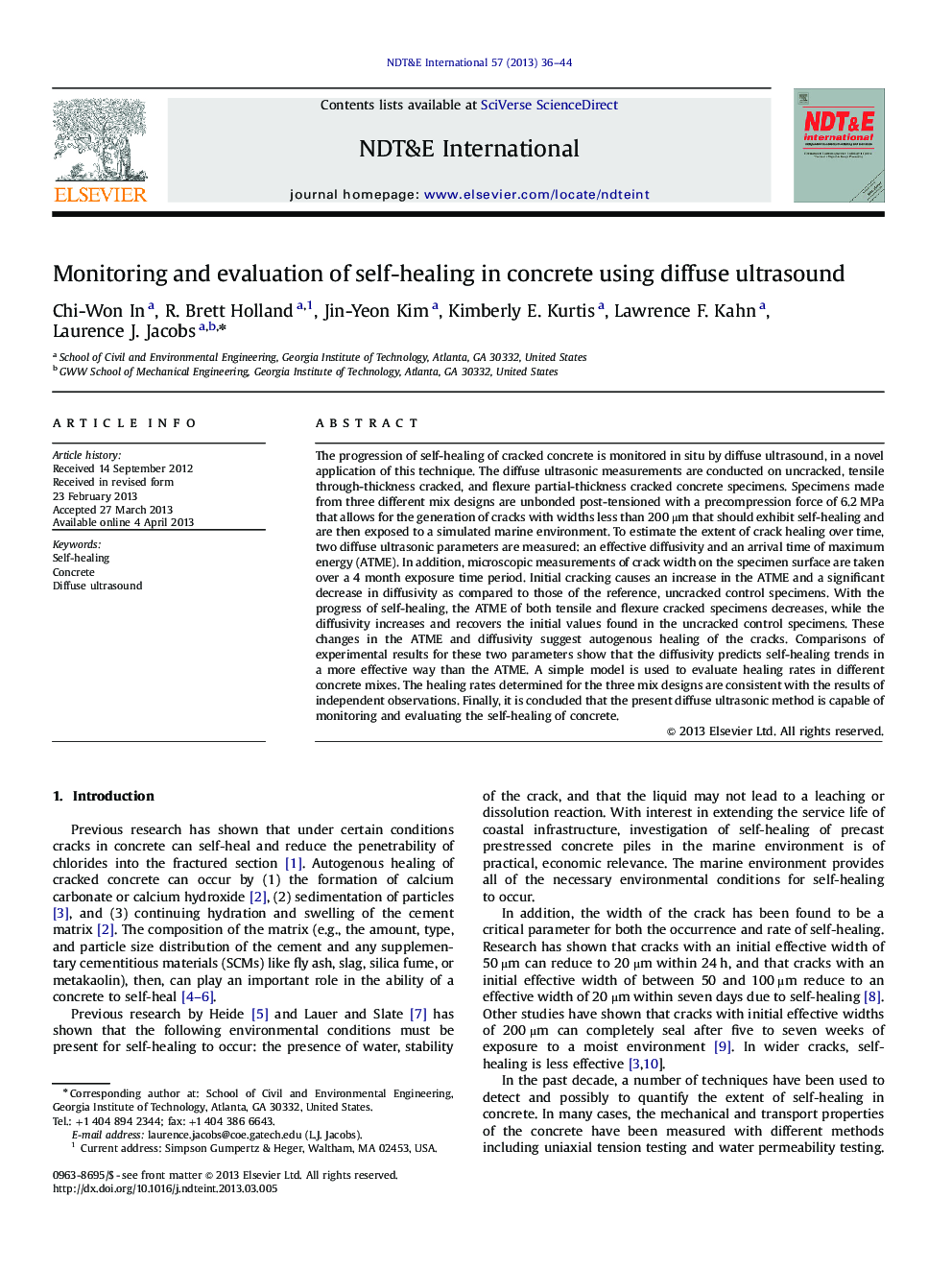 Monitoring and evaluation of self-healing in concrete using diffuse ultrasound