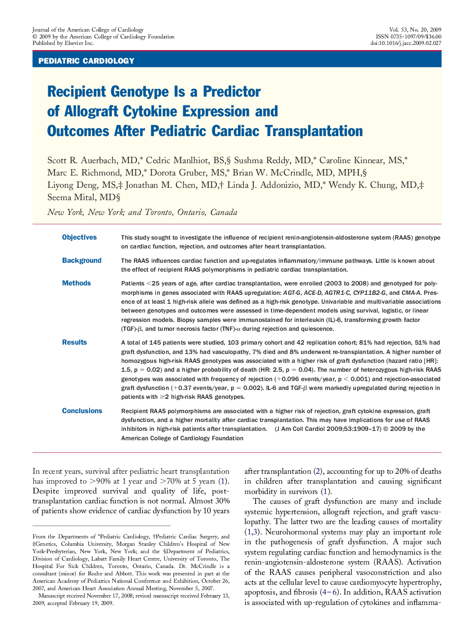 Recipient Genotype Is a Predictor of Allograft Cytokine Expression and Outcomes After Pediatric Cardiac Transplantation 