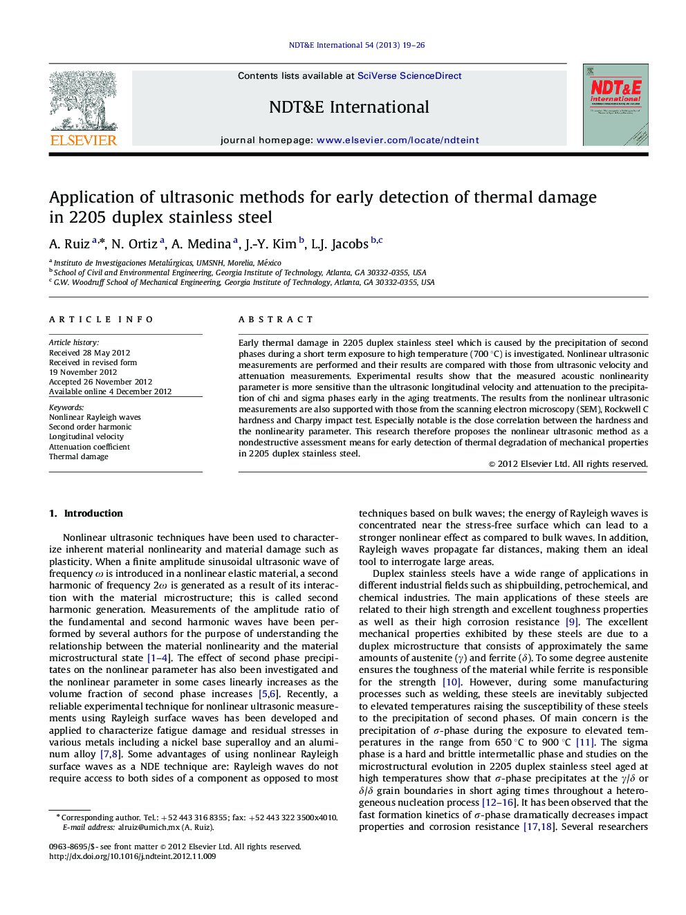 Application of ultrasonic methods for early detection of thermal damage in 2205 duplex stainless steel