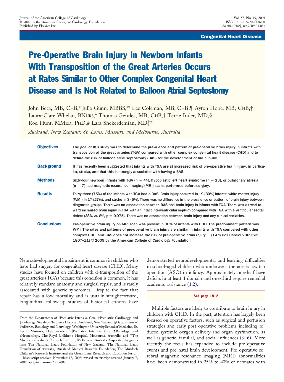 Pre-Operative Brain Injury in Newborn Infants With Transposition of the Great Arteries Occurs at Rates Similar to Other Complex Congenital Heart Disease and Is Not Related to Balloon Atrial Septostomy 