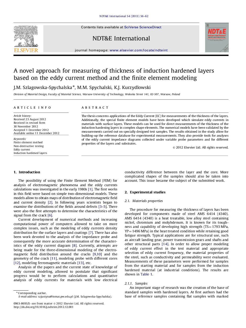 A novel approach for measuring of thickness of induction hardened layers based on the eddy current method and the finite element modeling