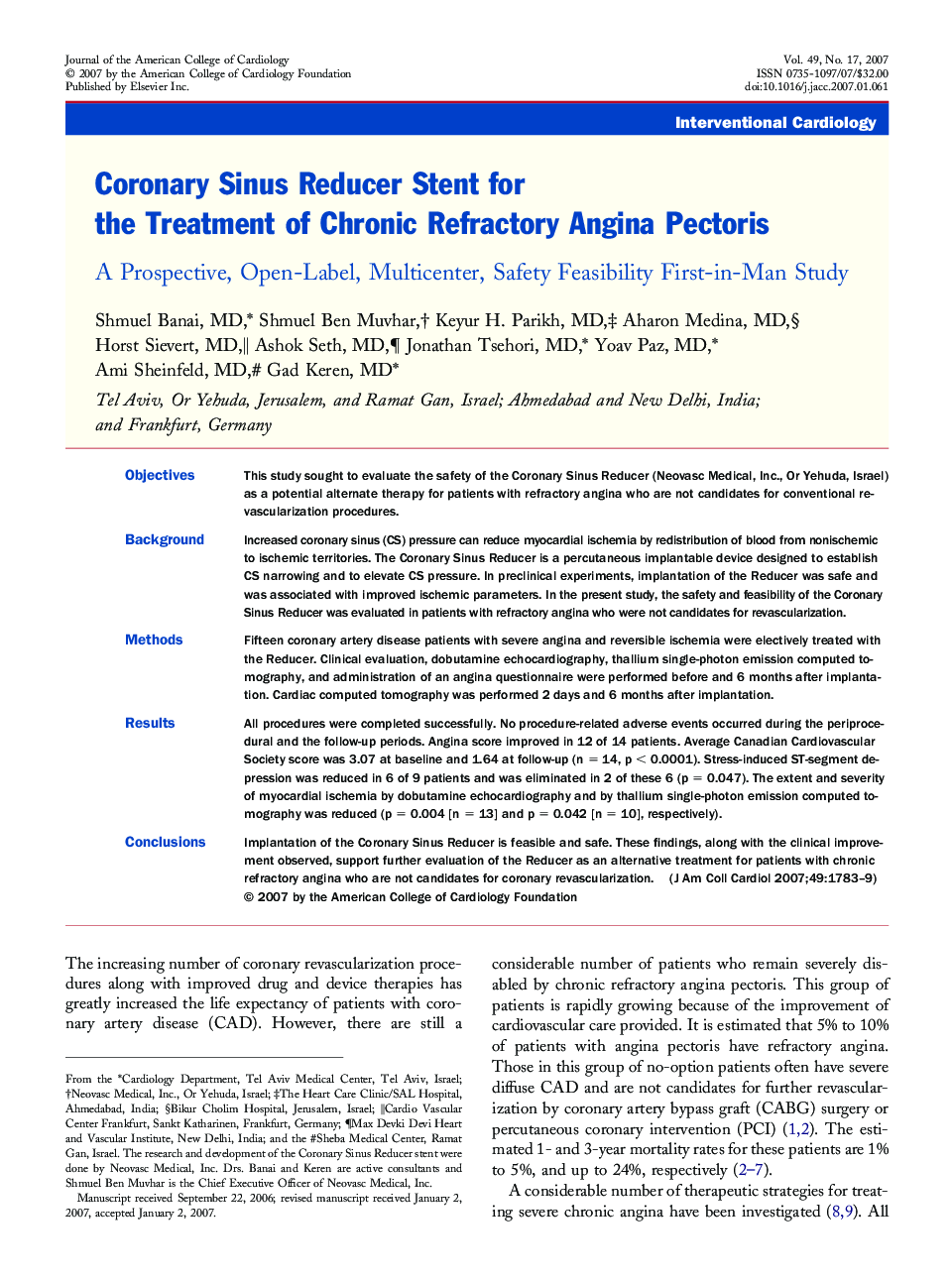 Coronary Sinus Reducer Stent for the Treatment of Chronic Refractory Angina Pectoris : A Prospective, Open-Label, Multicenter, Safety Feasibility First-in-Man Study