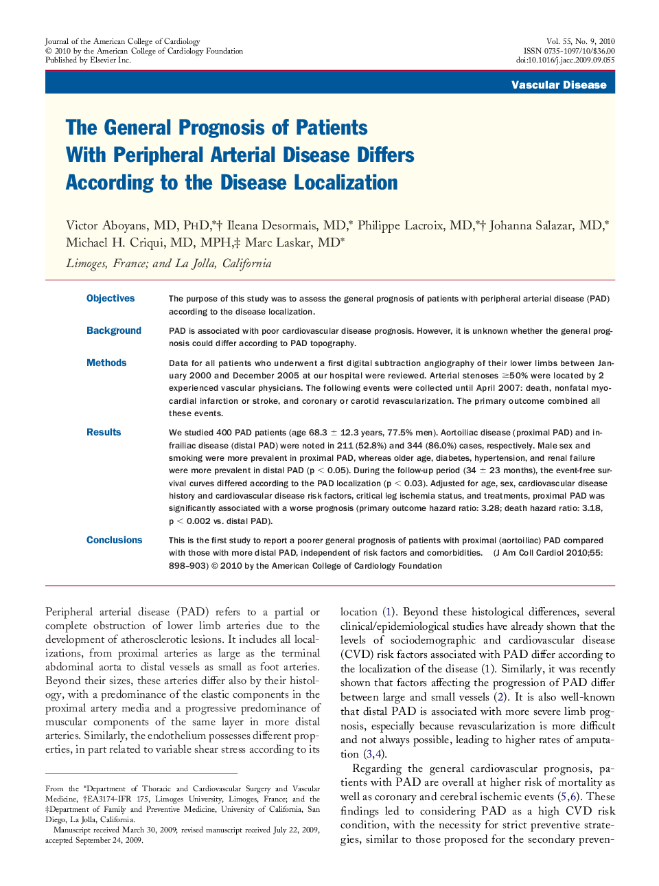 The General Prognosis of Patients With Peripheral Arterial Disease Differs According to the Disease Localization