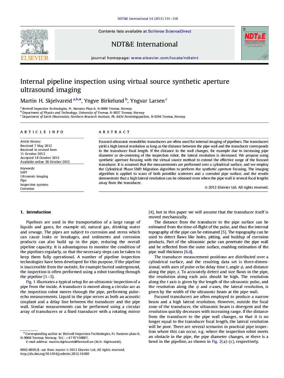 Internal pipeline inspection using virtual source synthetic aperture ultrasound imaging