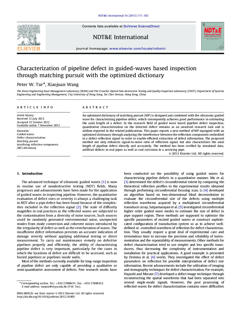 Characterization of pipeline defect in guided-waves based inspection through matching pursuit with the optimized dictionary