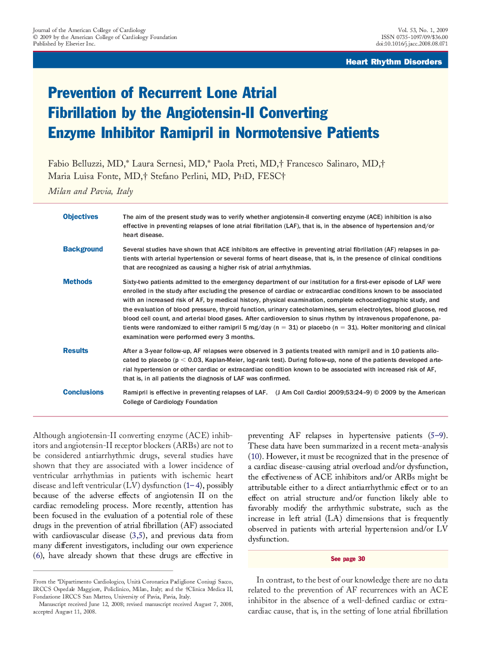 Prevention of Recurrent Lone Atrial Fibrillation by the Angiotensin-II Converting Enzyme Inhibitor Ramipril in Normotensive Patients