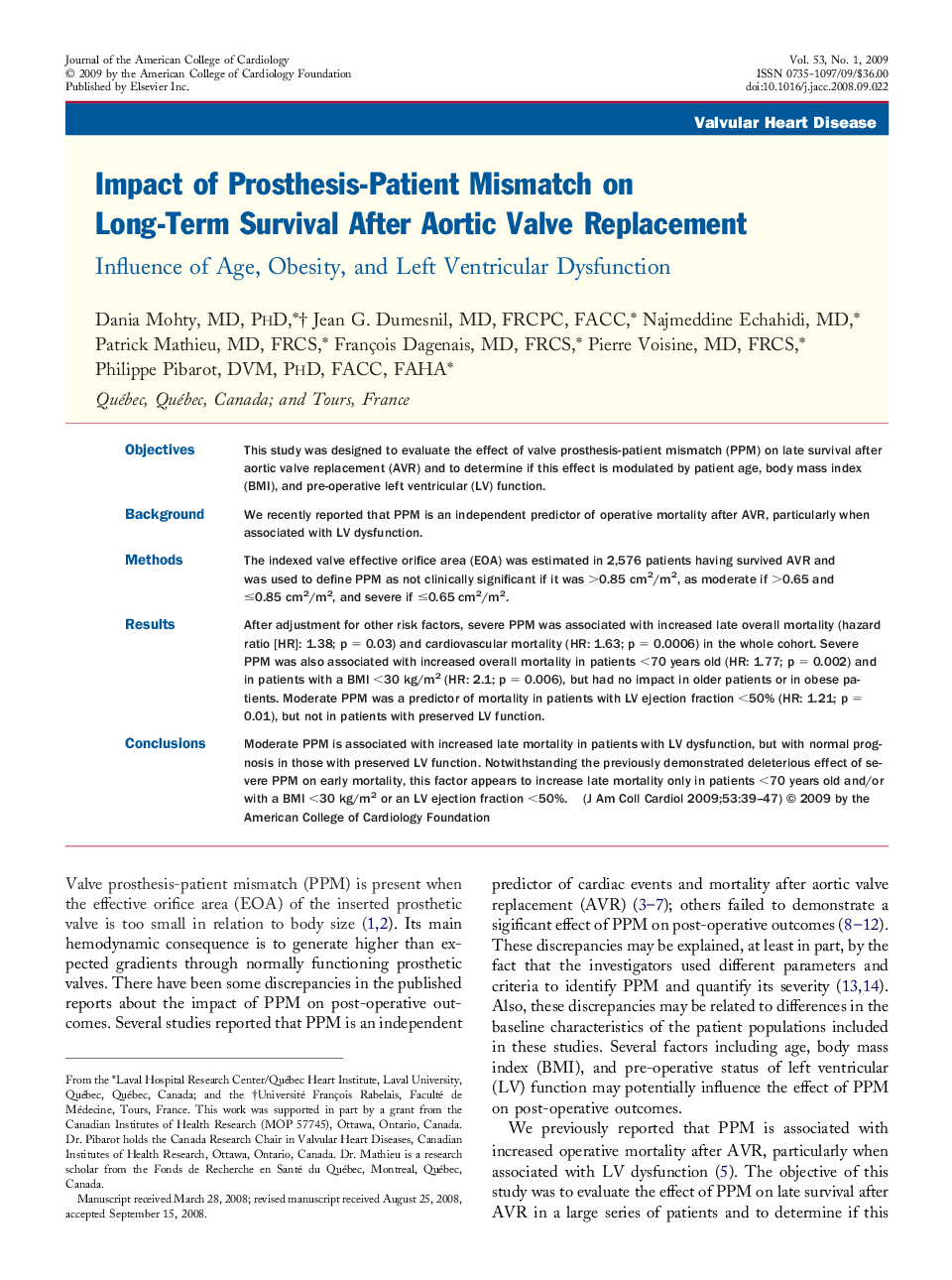 Impact of Prosthesis-Patient Mismatch on Long-Term Survival After Aortic Valve Replacement : Influence of Age, Obesity, and Left Ventricular Dysfunction