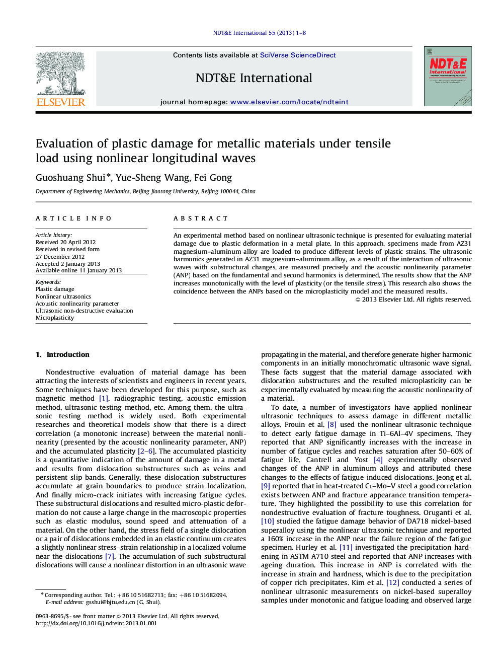 Evaluation of plastic damage for metallic materials under tensile load using nonlinear longitudinal waves