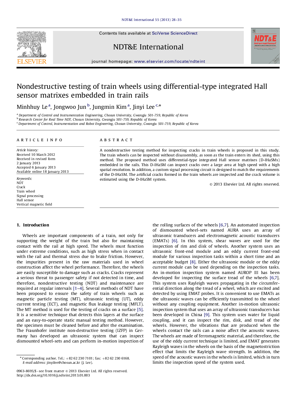 Nondestructive testing of train wheels using differential-type integrated Hall sensor matrixes embedded in train rails