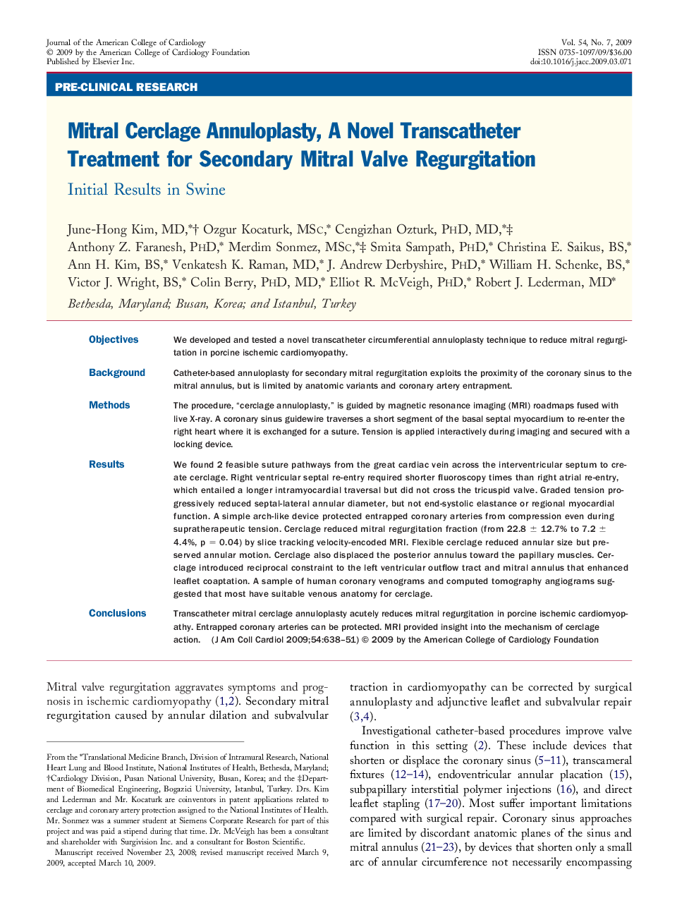 Mitral Cerclage Annuloplasty, A Novel Transcatheter Treatment for Secondary Mitral Valve Regurgitation : Initial Results in Swine